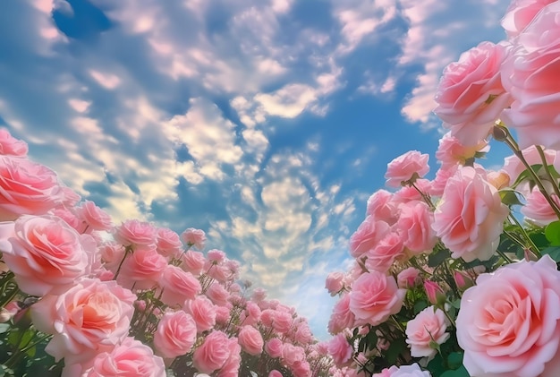Una imagen de un campo de rosas rosadas con el cielo de fondo.