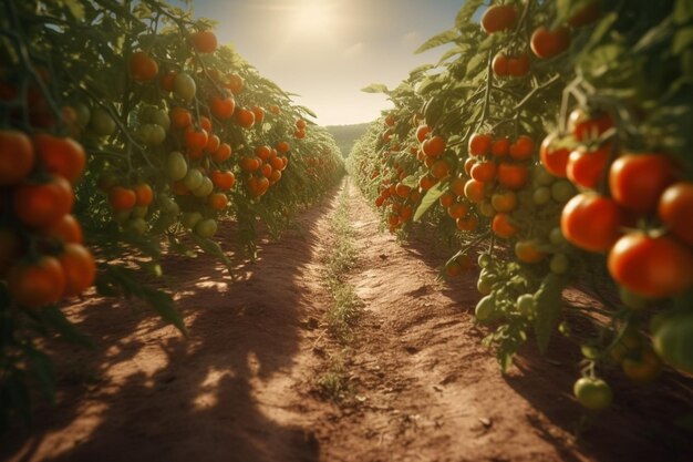 Foto una imagen de un campo con tomates y el sol brillando sobre él.