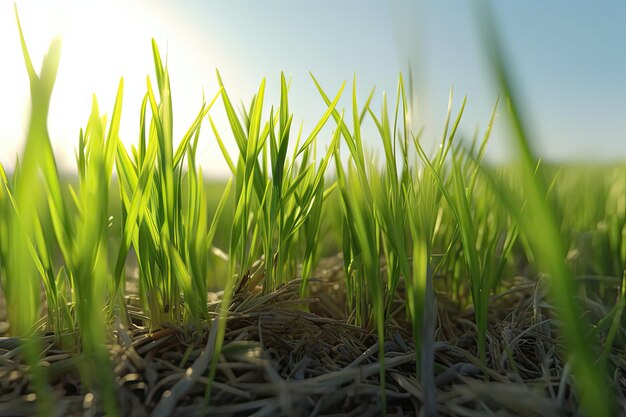 Imagen de campo de trigo Vista sobre espigas frescas de trigo verde joven y sobre la naturaleza en el primer plano del campo de primavera verano Con espacio libre para texto sobre un fondo de cielo suave y borroso