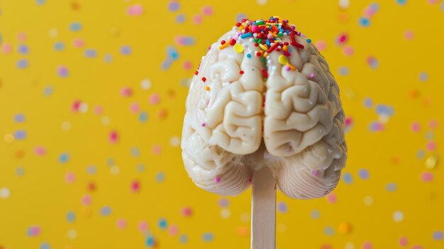 Foto una imagen caprichosa de un cerebro encerrado en un helado con salpicaduras coloridas en la parte superior que simbolizan un regalo congelado