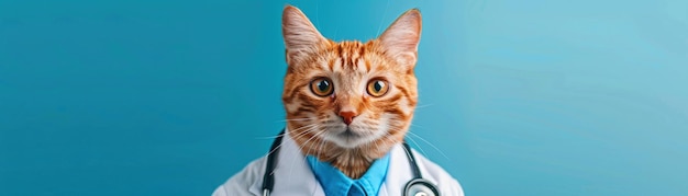 Una imagen caprichosa de un gato con un abrigo de médico y un estetoscopio