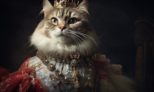 Imagen caprichosa de un gato con atuendo real sentado majestuosamente que representa encanto y majestuosidad AI Generative