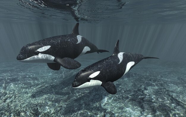 Foto esta imagen captura a dos orcas deslizándose cerca de la superficie de los océanos con el paisaje submarino visible debajo
