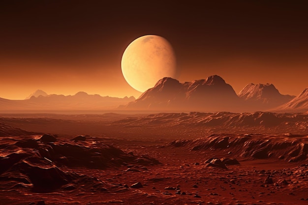 Esta imagen captura una escena de la superficie de Marte vista desde un planeta lejano.