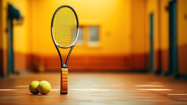 Foto la imagen captura la esencia del tenis con un enfoque en una raqueta y bolas colocadas centralmente