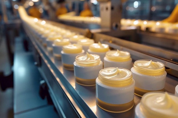 La imagen captura una línea de fabricación de última generación en una fábrica de cosméticos donde los frascos se llenan sistemáticamente con un delicioso producto amarillo para el cuidado de la piel.