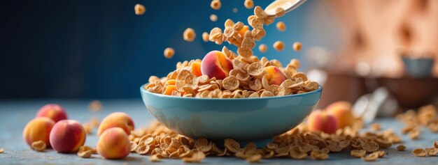 La imagen captura el momento exacto en que el cereal se derrama en un tazón lleno de cereales crujientes y frutas frescas.