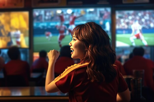 Foto esta imagen captura a una mujer mirando un partido en un bar deportivo. ella disfruta apasionadamente.