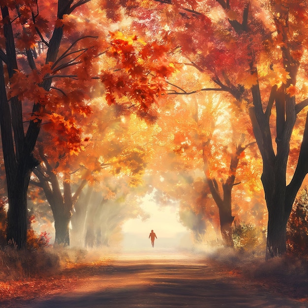Esta imagen captura una serena caminata matutina a principios del otoño con una persona paseando por un camino
