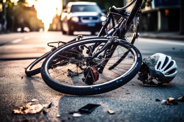 Una imagen capturando las secuelas de un accidente de bicicleta en una carretera de la ciudad IA generativa