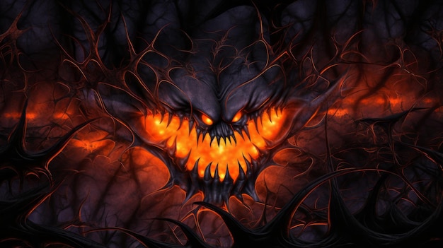 una imagen de una cara de demonio malvado con llamas saliendo de ella