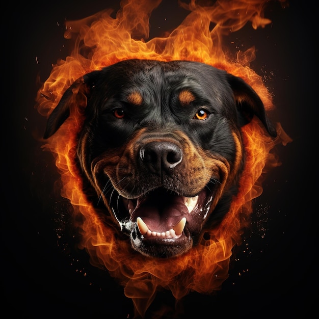 Foto imagen de cara de perro rottweiler enojado y llamas en fondo oscuro animales de compañía ilustración ia generativa