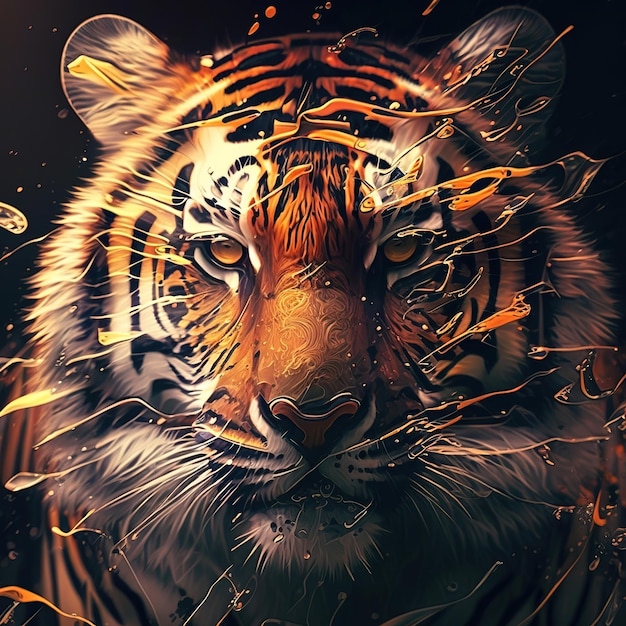 Imagen de una cara de tigre sobre un fondo oscuro Ilustración de animales salvajes IA generativa