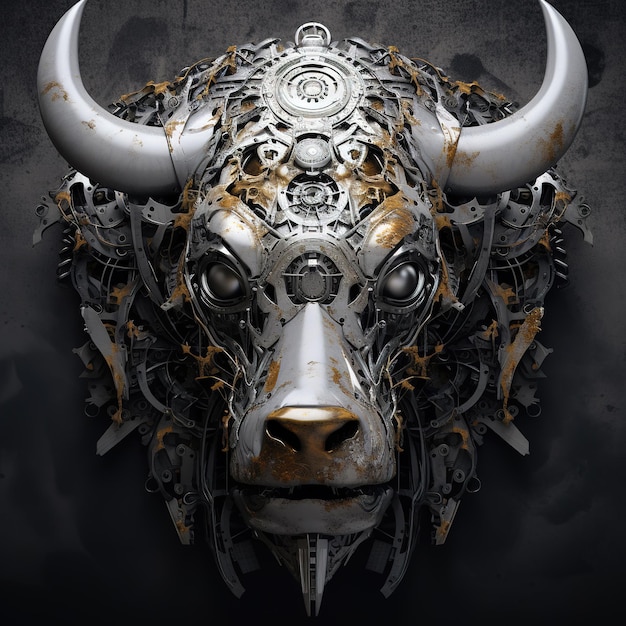 Imagen de una cara de toro hecha con acero y varios metales sobre fondo limpio Ilustración de animales salvajes AI generativa