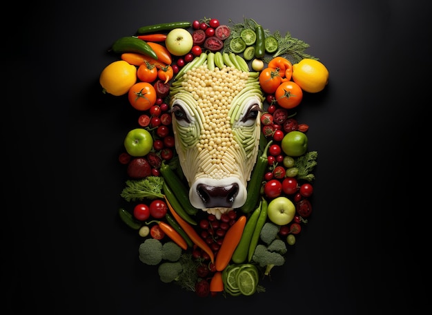Imagen de cara de vaca hecha con verduras y frutas sobre fondo limpio Animales de granja Ilustración Generativa AI