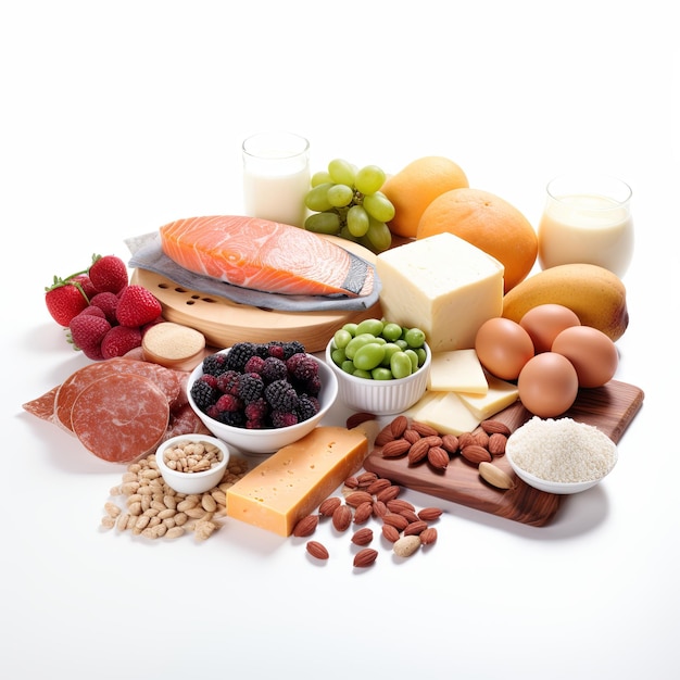 Foto una imagen de carbohidratos, proteínas, grasas y alimentos energéticos sobre un fondo blanco