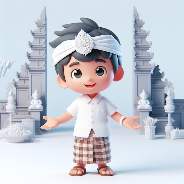 Imagen caricatura 3D de un niño lindo con ropa tradicional balinesa