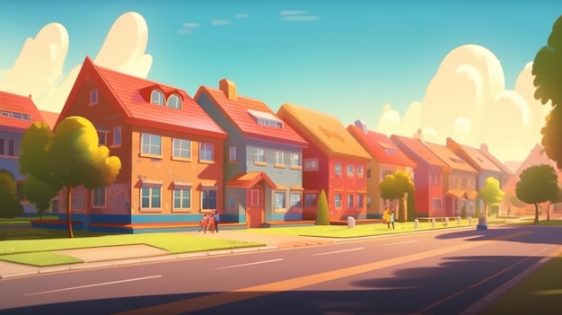 Imagen de una caricatura de una hilera de casas con un cielo azul y las palabras 'hogar' en la parte inferior derecha.