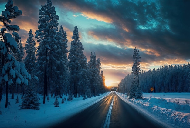 Imagen de una carretera en invierno con pinos y un hermoso cielo de fondo