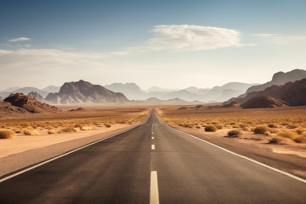 Una imagen de una carretera en medio de un desierto con montañas en el fondo adecuada para viajar