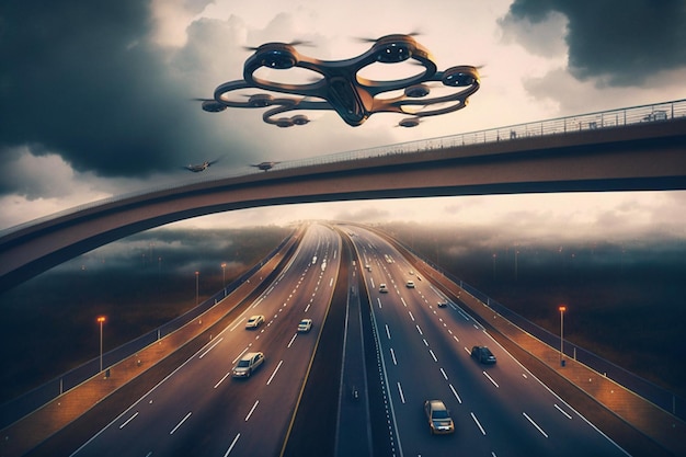 Una imagen de una carretera con un objeto volador en el cielo.