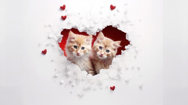 Foto imagen de cartel postal de dos pequeños gatitos lindos dentro de la forma del corazón concepto rojo y blanco del amor