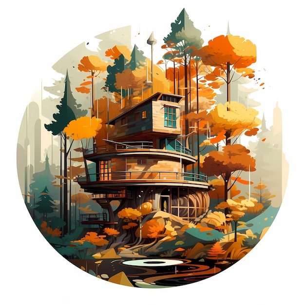 Una imagen de una casa con árboles y un círculo con una imagen de una casa en el árbol.