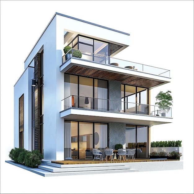 una imagen de una casa con un balcón y una planta en la parte superior