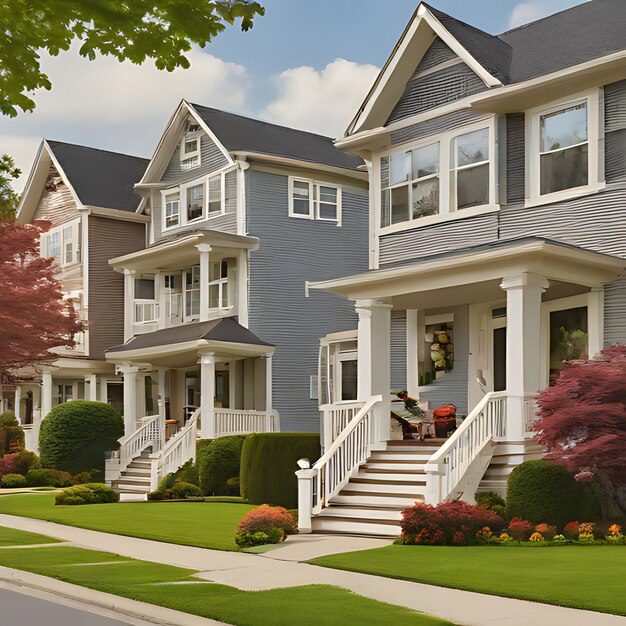 Foto una imagen de una casa con una casa azul y una escalera blanca