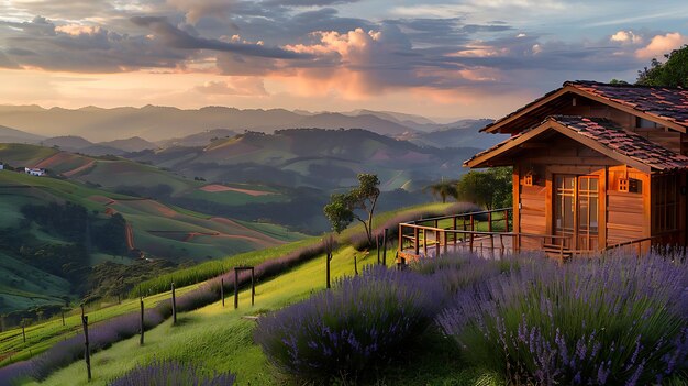 una imagen de una casa en una colina con una puesta de sol en el fondo