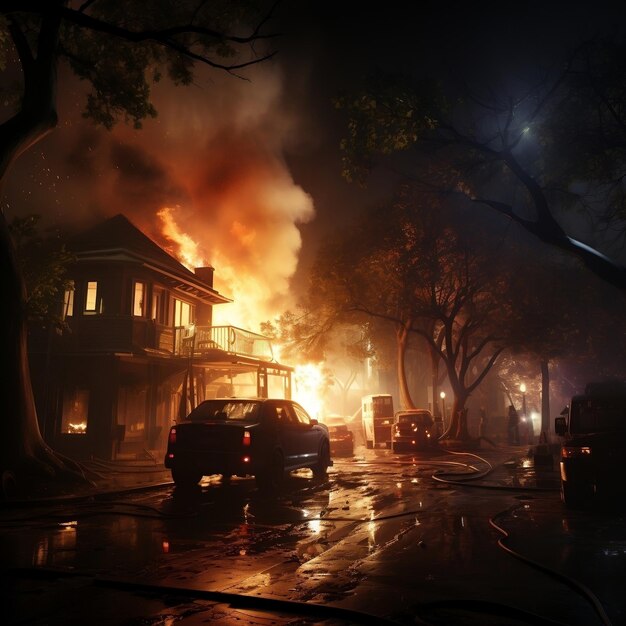 Una imagen de una casa en llamas con un camión de bomberos