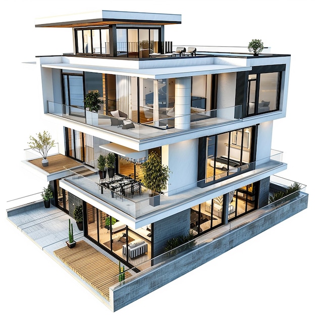una imagen de una casa con muchas ventanas y un patio