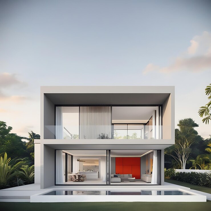 una imagen de una casa con una puerta roja y una puerta rojo