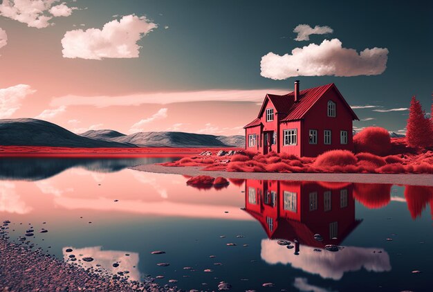 Imagen de una casa roja en la playa de un lago tranquilo en el paisaje