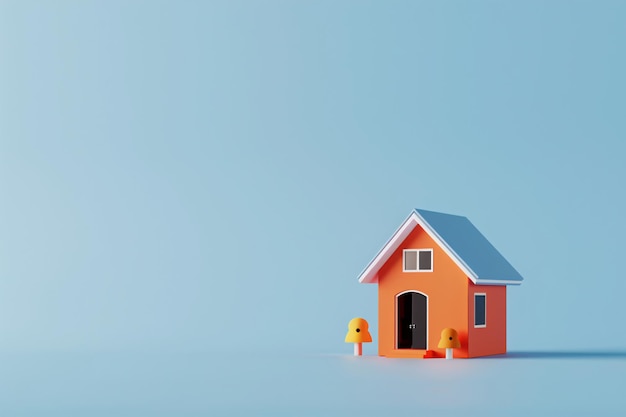 una imagen de una casa con un techo azul y un pájaro amarillo en la parte superior3D modelo de dibujos animados casa 3D render