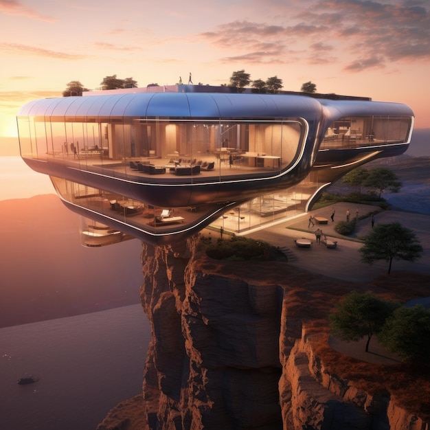 Imagen de una casa ultrarrealista de estilo futurista en la montaña