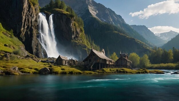 Foto una imagen de una cascada y una cabaña en el fondo