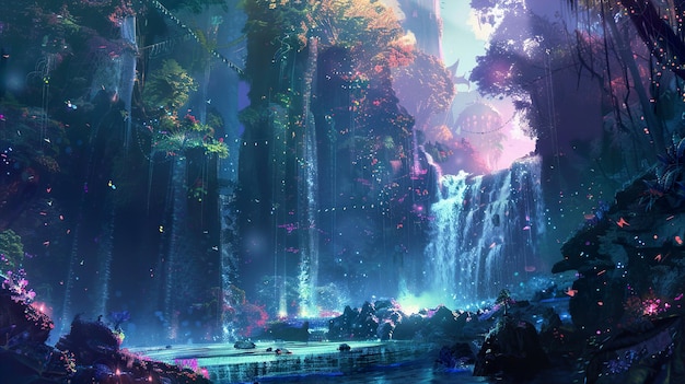 una imagen de una cascada con una cascada en el fondo