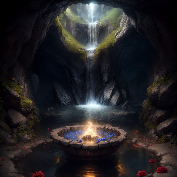 una imagen de una cascada con flores y una cascada en el fondo