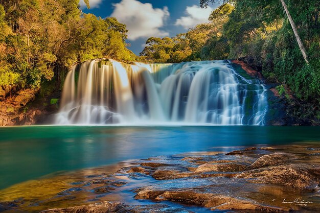 Foto una imagen de una cascada con una imagen de la cascada en el fondo