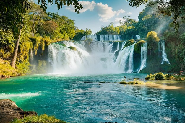 una imagen de una cascada que tiene a una persona de pie frente a ella