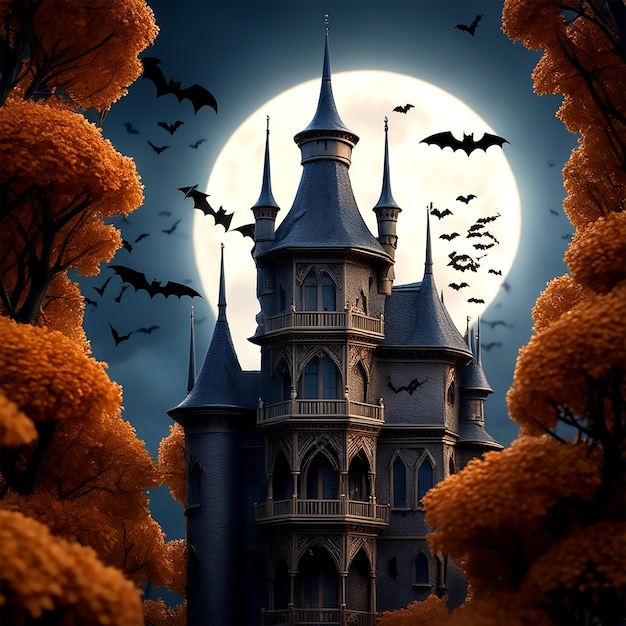 Una imagen de un castillo oscuro y misterioso con murciélagos volando a su alrededor en un estilo gótico americano HD