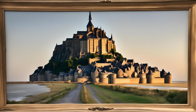 Foto una imagen de un castillo con una puesta de sol en el fondo