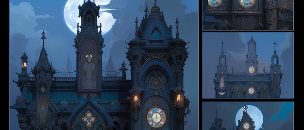una imagen de un castillo con una torre del reloj y una luna llena