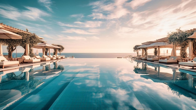 Una imagen cautivadora del área junto a la piscina de un resort de lujo con una piscina infinita que se funde a la perfección con el horizonte del océano