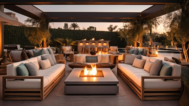 Una imagen cautivadora de un elegante salón al aire libre que muestra el equilibrio perfecto entre comodidad y estilo para una lujosa escapada de verano