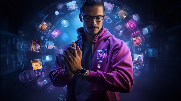 Una imagen cautivadora de un entusiasta de la tecnología que lleva un reloj inteligente futurista con una pantalla holográfica