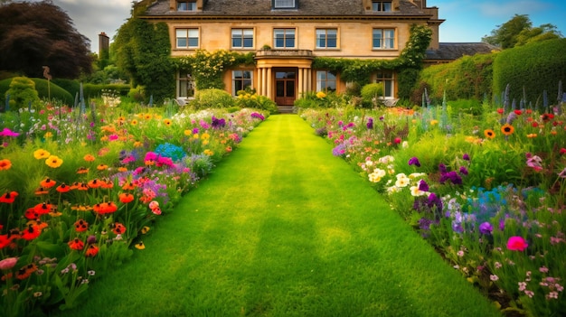 Una imagen cautivadora de una exquisita casa solariega rodeada de exuberantes jardines y magníficos paisajes coloridos.