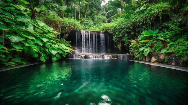 Una imagen cautivadora de una fuente de agua tranquila que ofrece un ambiente sereno e indulgente en un jardín de villa con piscina de lujo