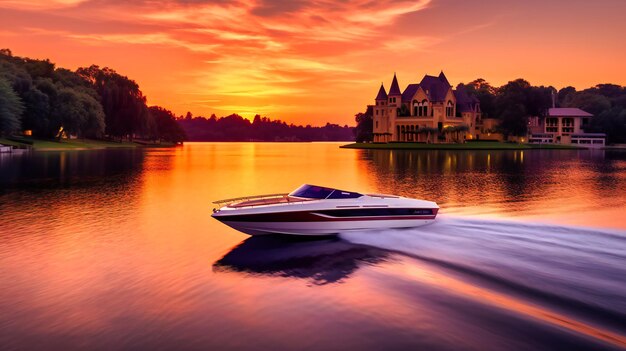 Una imagen cautivadora de una lancha navegando a lo largo de un lago sereno al atardecer rodeada de lujosas mansiones junto al lago